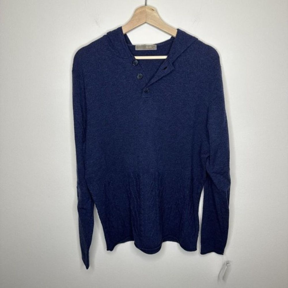 New NWT Mens Raffi Hooded Henley Blue Cableknit Wool Sweater Size Large
